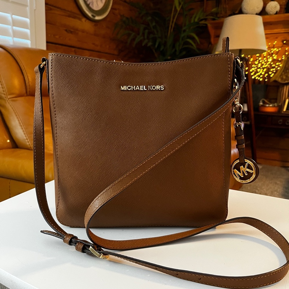 SALE! Michael Kors 10” Brown Genuine Leather Crossbody with Gold MK Charm